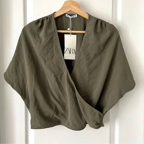 ZARA Olive Green Draped Wrap Top NWT Size Large - Picture 4 of 11